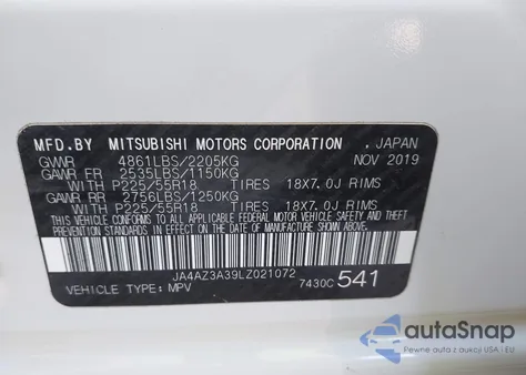 2020 Mitsubishi Outlander Sel 2.4 S-Awc z USA, uszkodzony, nr VIN JA4AZ3A39LZ021072